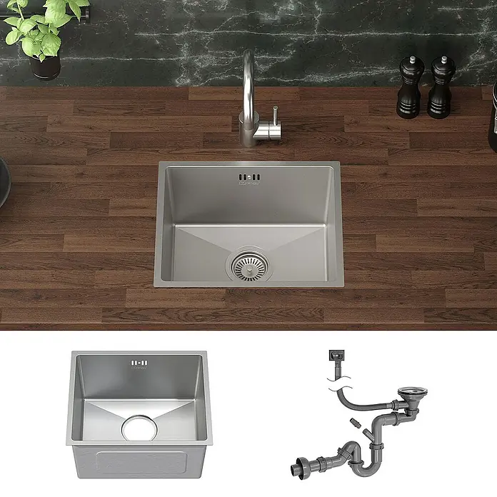 ML-Design Einbauspüle - 40 x 34 cm, Stahl - Abgebildet ist eine Edelstahlspüle mit Armatur und Zubehör, ideal für jede moderne Küche.
