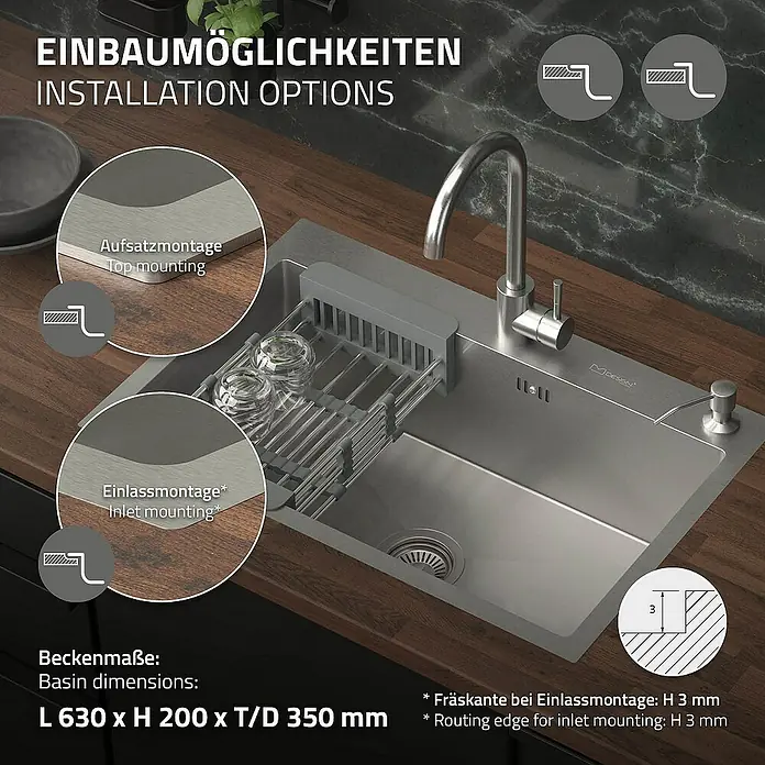 ML-Design Einbauspüle - 68 x 45 cm, Stahl - Detailaufnahme einer modernen Edelstahlspüle mit Abtropfgestell und verschiedenen Einbauoptionen.