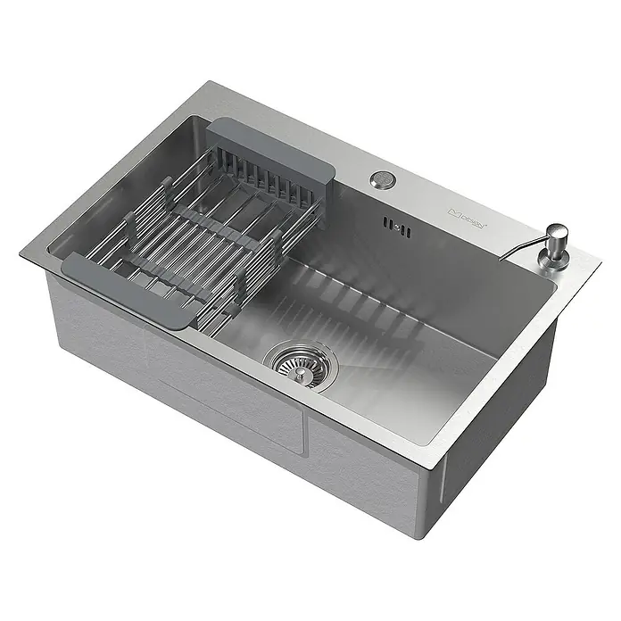 ML-Design Einbauspüle - 68 x 45 cm, Stahl - Eine moderne Edelstahlspüle mit Abtropfgestell und Spülmittelspender, ideal für jede Küche.