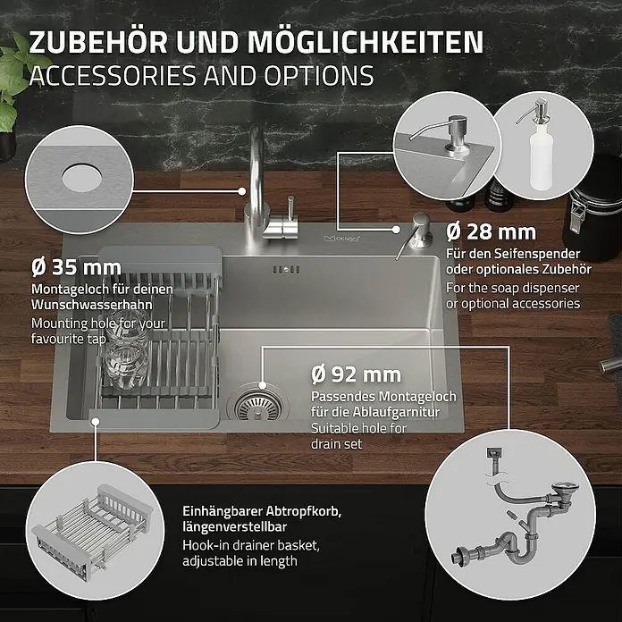 ML-Design Einbauspüle - 68 x 45 cm, Stahl - Edelstahlspüle mit Zubehör wie Abtropfkorb, Seifenspender und passenden Montagelöchern für Wasserhahn und Ablaufgarnitur.