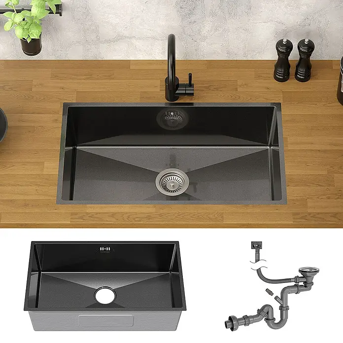 ML-Design Einbauspüle - 70 x 40 cm, Stahl - Schwarzes Spülbecken mit Armatur und Zubehör, ideal für moderne Küchen. Hochwertiges Design und langlebige Materialien.