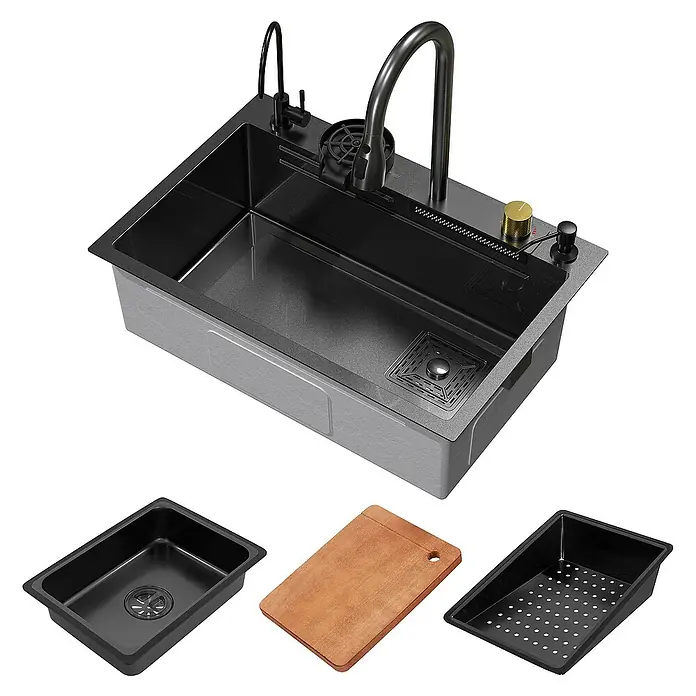 ML-Design Einbauspülen Set Küchenspüle Multifunktionale Anthrazit rechteckig Waschbecken -  - Produktbild einer modernen Spüle mit Zubehör wie Schneidebrett, Abtropfschale und zusätzlichem Becken für mehr Komfort.