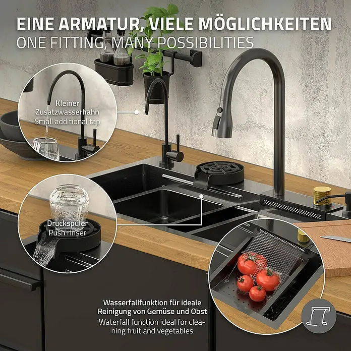 ML-Design Einbauspülen Set -  - Bild einer modernen Küchenarmatur mit verschiedenen Funktionen wie einem zusätzlichen Wasserhahn und einem Obst- und Gemüsereiniger.
