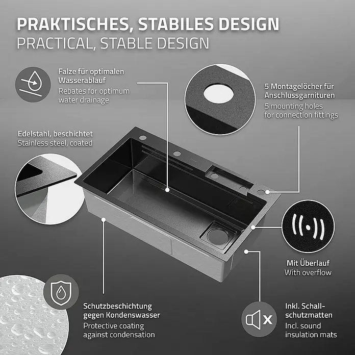 ML-Design Einbauspülen Set -  - Produktbild einer Spüle aus Edelstahl mit praktischem, stabilem Design und optimalem Wasserablauf, beschichtet und inklusive Schallschutzmatten.
