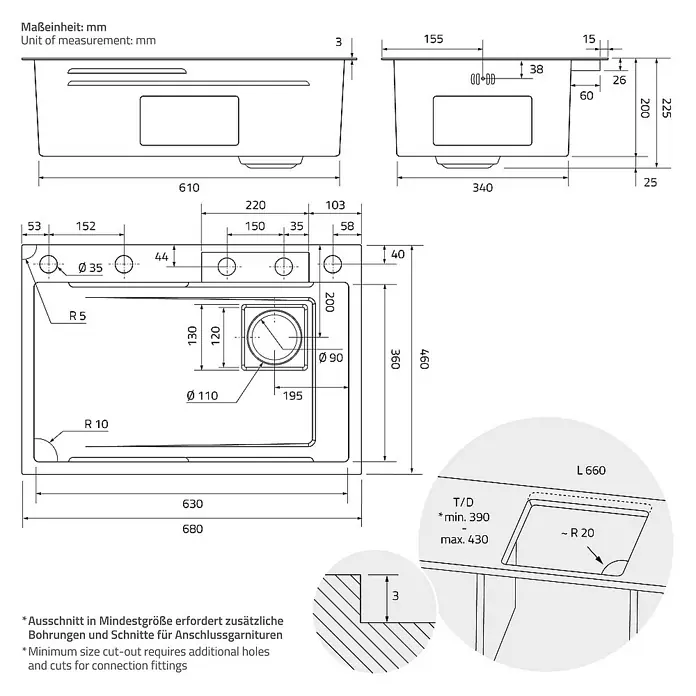 ML-Design Einbauspülen Set Küchenspüle Multifunktionale Anthrazit rechteckig Waschbecken -  - Technische Zeichnung einer Spüle mit Maßangaben. Die Skizze zeigt die Abmessungen und Details des Produkts.