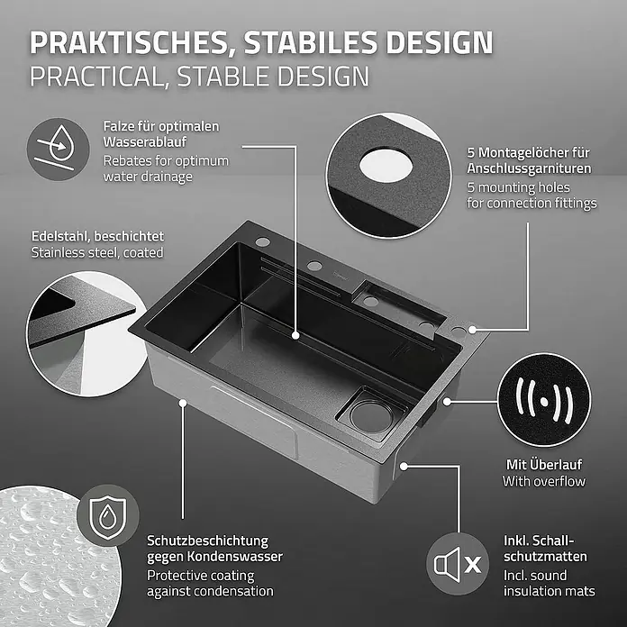 ML-Design Einbauspülen Set -  - Illustration einer praktischen, stabilen Spüle mit Details zu Material, Design und Funktionen für optimalen Wasserablauf.