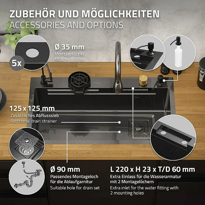 ML-Design Einbauspülen Set -  - Zubehör und Optionen für eine Küchenspüle: Montagebohrungen, Ablaufsieb und passendes Montageloch für die Ablaufgarnitur.