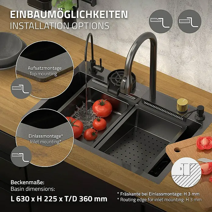 ML-Design Einbauspülen Set Küchenspüle Multifunktionale Anthrazit rechteckig Waschbecken -  - Bild einer modernen Spüle mit zwei Becken und verschiedenen Installationsmöglichkeiten.