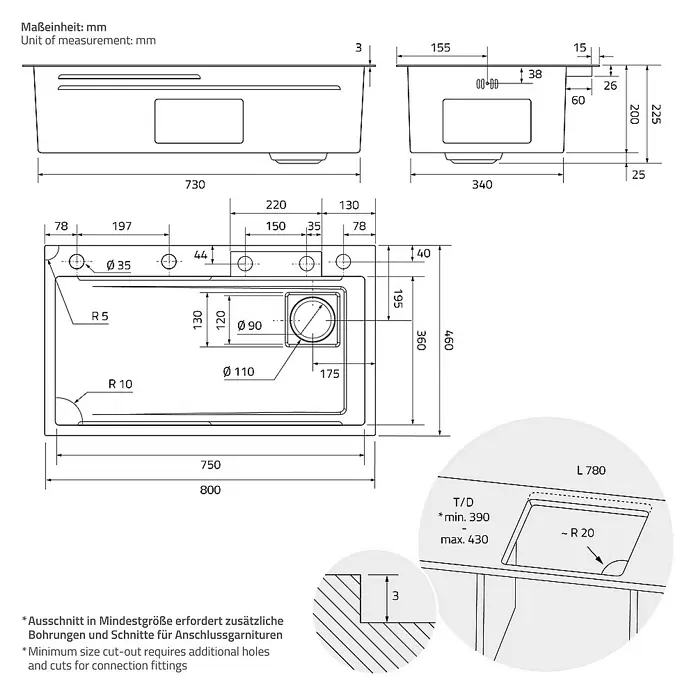 ML-Design Einbauspülen Set -  - Technische Zeichnung einer Spüle mit Maßen und Details für Installation und Einbau.