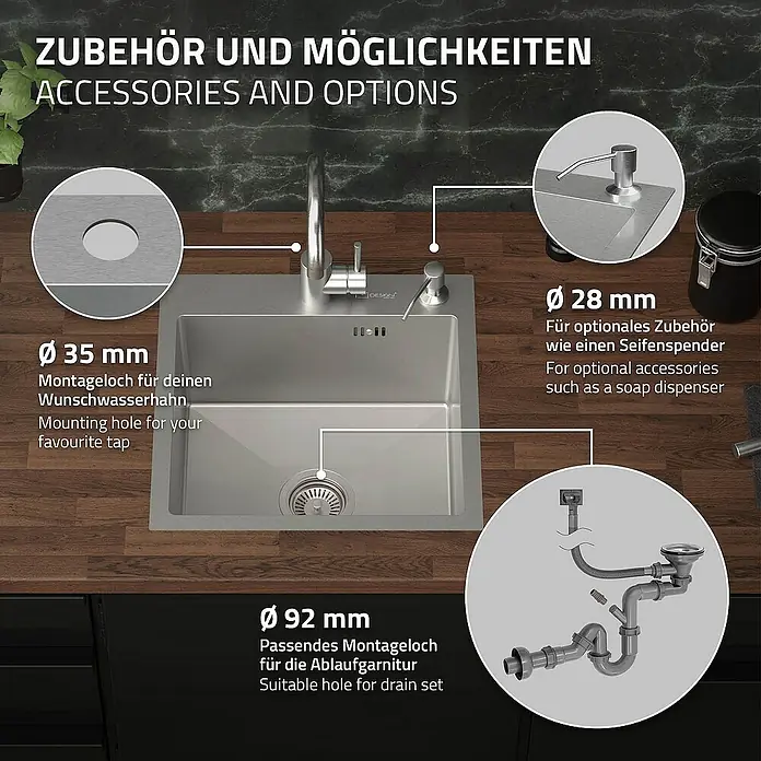 ML-Design Einbauspüle - 45 x 45 cm, Stahl - Edelstahlspüle mit Zubehör, inklusive Bohrlöchern für Wasserhahn, Seifenspender und Ablaufgarnitur, die eine flexible Installation ermöglichen.