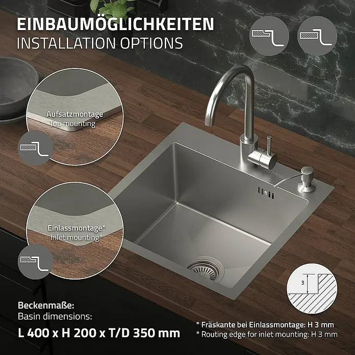 ML-Design Einbauspüle - 45 x 45 cm, Stahl - Bild einer Spüle mit Installationsoptionen und Beckenmaßen.