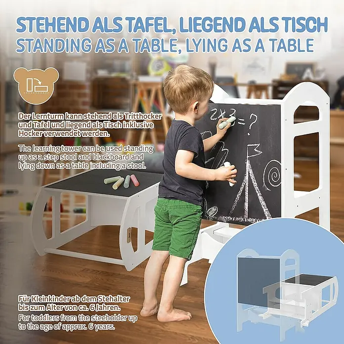 ECD Germany Kinderspielturm Küchenhelfer Weiß mit Tafel und 2 Stufen 70x40x90cm - L x B x H: 70 x 40 x 90 cm, Weiß - Bild eines 2-in-1-Lernturms, der als Tritthocker und Maltafel oder als Tisch mit Hocker für Kleinkinder bis ca. 6 Jahren verwendet werden kann.