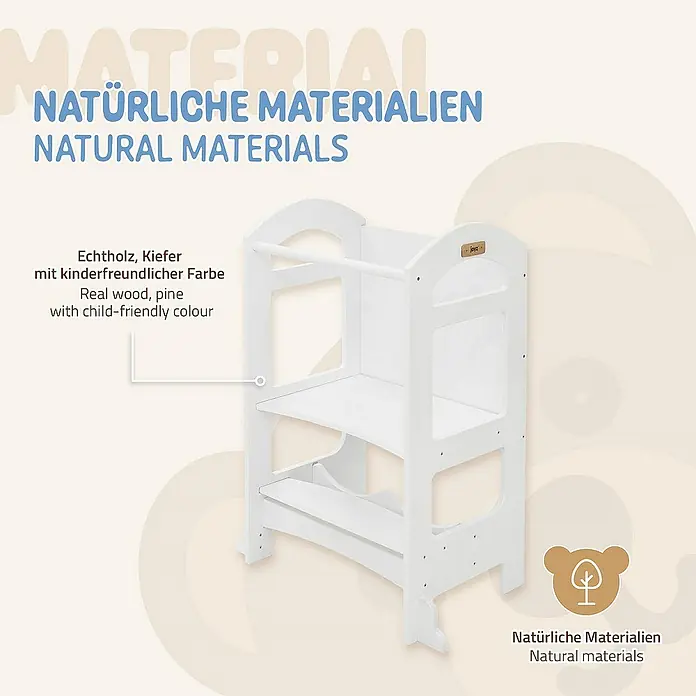 ECD Germany Kinderspielturm Küchenhelfer Weiß mit Tafel und 2 Stufen 70x40x90cm - L x B x H: 70 x 40 x 90 cm, Weiß - Das Bild zeigt einen weißen Lernturm für Kinder, gefertigt aus Echtholz und mit einer kinderfreundlichen Farbe versehen, der für den sicheren Gebrauch konzipiert wurde.