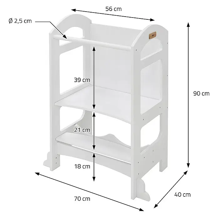 ECD Germany Kinderspielturm Küchenhelfer Weiß mit Tafel und 2 Stufen 70x40x90cm - L x B x H: 70 x 40 x 90 cm, Weiß - Abbildung eines weißen Kinder-Lernturms mit Größenangaben zu Höhe, Breite und Tiefe.