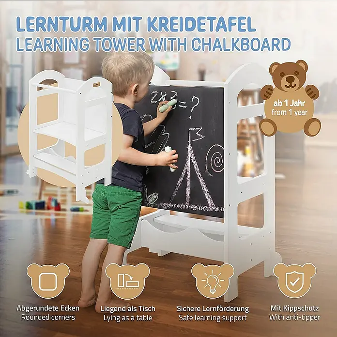 ECD Germany Kinderspielturm Küchenhelfer Weiß mit Tafel und 2 Stufen 70x40x90cm - L x B x H: 70 x 40 x 90 cm, Weiß - Ein weißer Lernturm mit Kreidetafel, ideal für Kinder ab einem Jahr, mit abgerundeten Ecken und Kippschutz für sicheres Lernen.