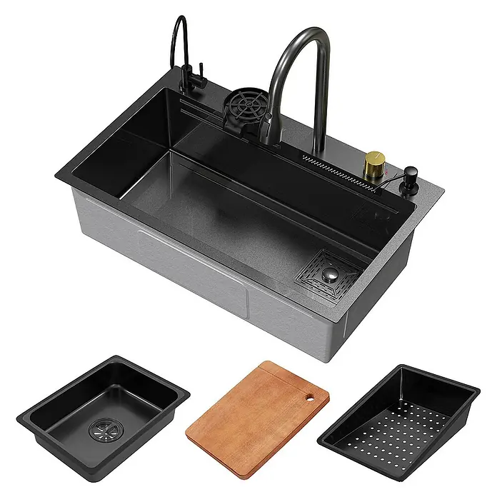 ML-Design Einbauspülen Set -  - Spültisch-Set mit Abtropfschale, Schneidebrett und Spülbecken, ideal für die moderne Küche. Das Becken ist aus robustem Material gefertigt.