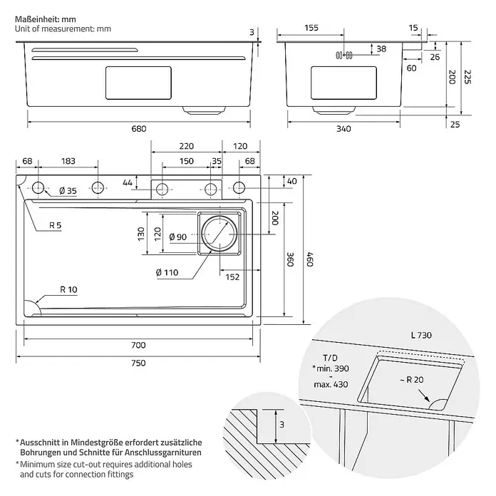 ML-Design Einbauspülen Set -  - Produktzeichnung eines Spülbeckens mit Maßen, Draufsicht und Seitenansicht zur detaillierten Ansicht der Produktabmessungen.