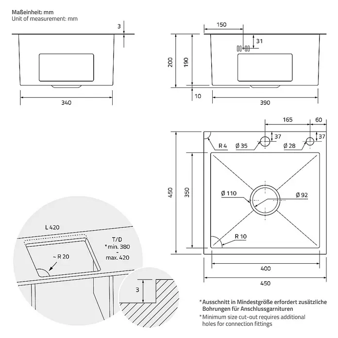 ML-Design Einbauspüle - 45 x 45 cm, Stahl - Technische Zeichnung eines Spülbeckens mit Maßangaben in Millimetern, einschließlich Ausschnittdetails und Anschlussinformationen.