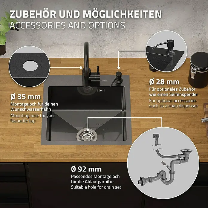 ML-Design Einbauspüle - 45 x 45 cm, Stahl - Produktbild einer Spüle mit Zubehör und Optionen, inklusive Details zu Montagelöchern für Wasserhahn, Seifenspender und Ablaufgarnitur.