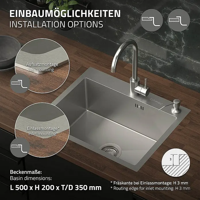 ML-Design Einbauspüle - 55 x 45 cm, Stahl - Produktbild einer Spüle mit Armatur und den verschiedenen Installationsmöglichkeiten.