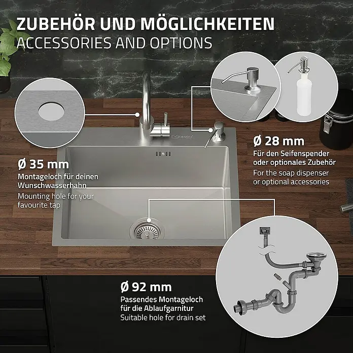 ML-Design Einbauspüle - 55 x 45 cm, Stahl - Produktbild einer Spüle mit Zubehör und Optionen, inklusive Montagelöchern für Wasserhahn, Seifenspender und Ablaufgarnitur.