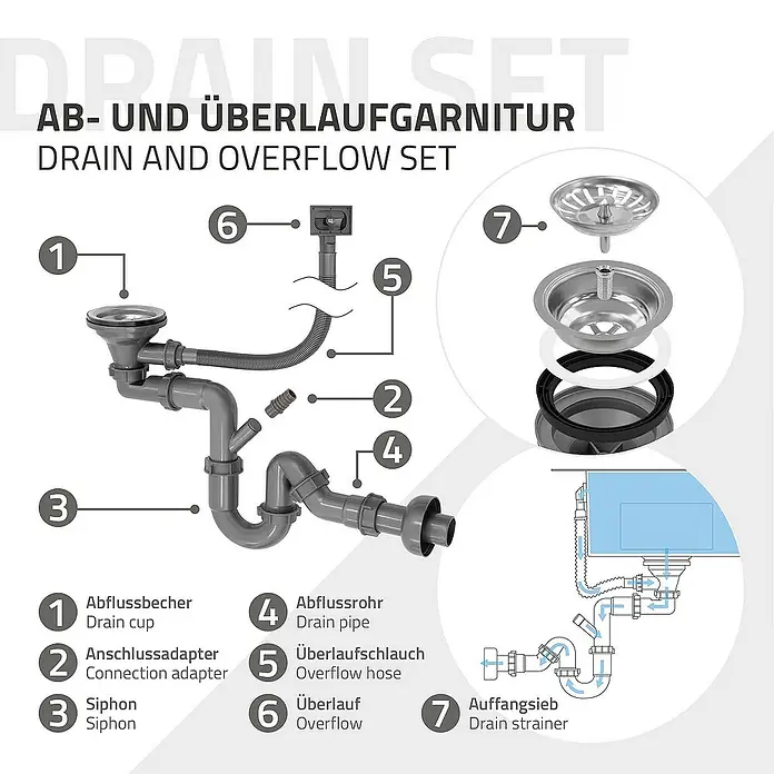 ML-Design Einbauspüle - 55 x 45 cm, Stahl - Ablaufgarnitur mit Siphon, Ablaufrohr, Überlaufschlauch und Ablaufgarnitur für Spülen.