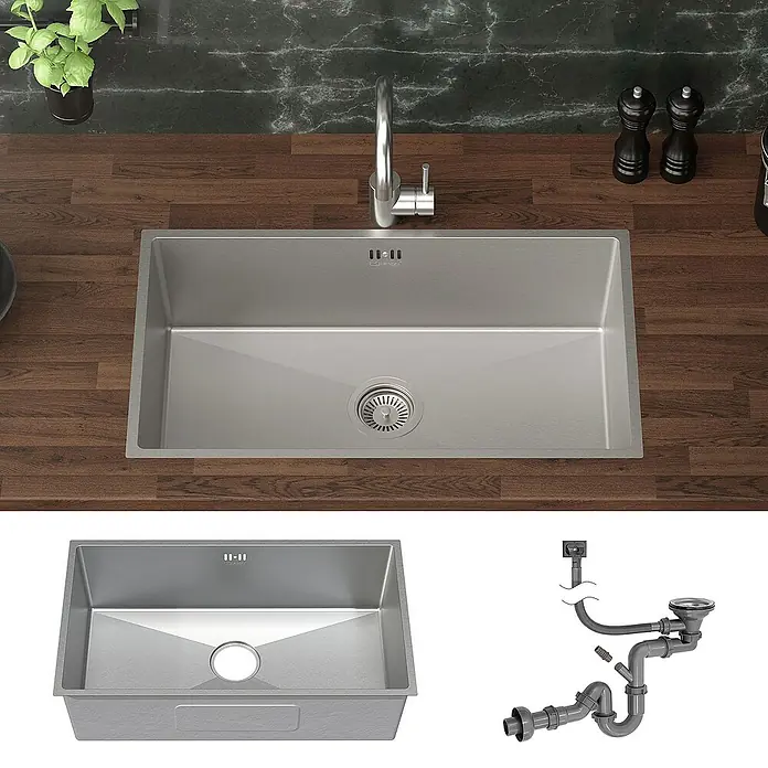 ML-Design Einbauspüle - 70 x 40 cm, Stahl - Abbildung einer modernen Spüle mit Armatur und Zubehör, ideal für jede Küche.