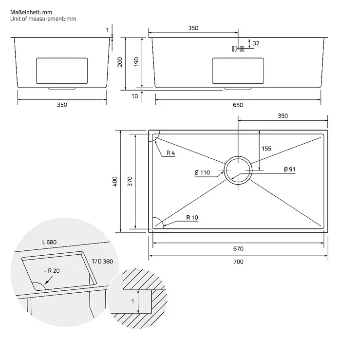 ML-Design Einbauspüle - 70 x 40 cm, Stahl - Technische Zeichnung einer Spüle mit genauen Maßangaben und Details zu Abmessungen, Radien und Bohrungen.