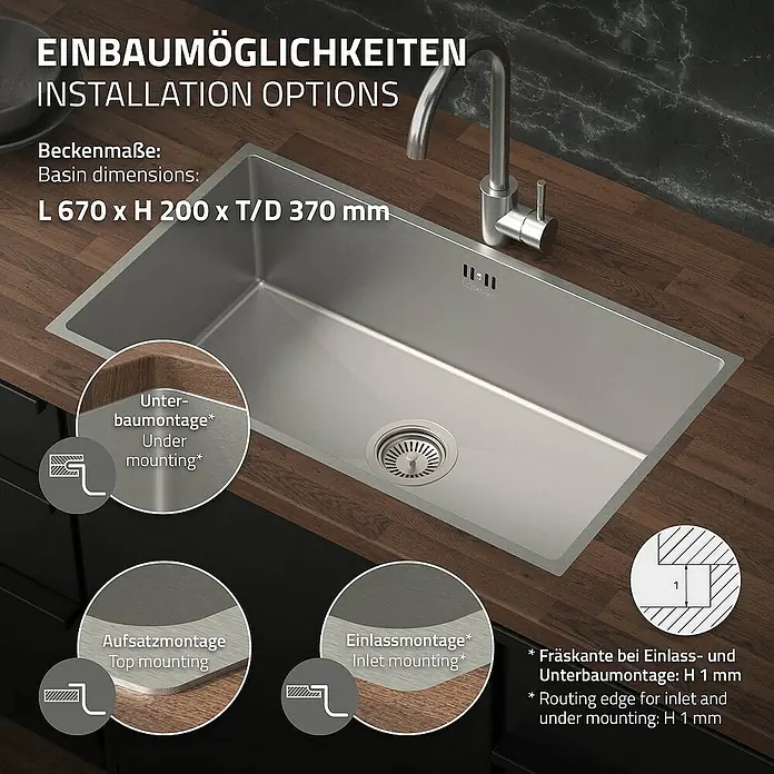ML-Design Einbauspüle - 70 x 40 cm, Stahl - Bild einer Edelstahlspüle mit verschiedenen Einbaumöglichkeiten und den Maßen L 670 x H 200 x T/D 370 mm.