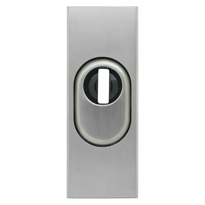Abus Sicherheitsrosette RSZS 316 - Metalltür, Edelstahl, Stärke Schild/ Rosette: 16 mm - Nahaufnahme eines modernen Türschlosses aus gebürstetem Stahl mit einem ovalen Sichtfenster zur Anzeige des Belegungsstatus.