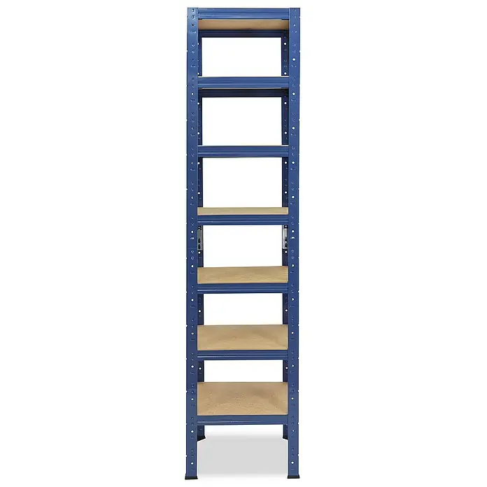 shelfplaza Schwerlastregal HOME - H x B x T: 200 x 40 x 40 cm, Traglast pro Boden: 175 kg, Stecken, blau - Ein hochformatiges Bild eines blauen Metallregals mit sechs Regalböden aus Holz, das auf einem weißen Hintergrund steht.
