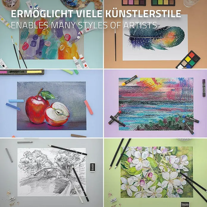 ECD Germany Zeichenstift-Set 112 Teilig Buntstifte Öl- und Acrylfarben Malkreiden Wasserfarben - Braun - Verschiedene Malstile werden mit den hier gezeigten Malutensilien ermöglicht.\n