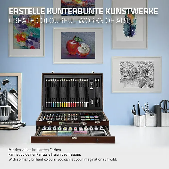 ECD Germany Zeichenstift-Set 112 Teilig Buntstifte Öl- und Acrylfarben Malkreiden Wasserfarben - Braun - Nahaufnahme eines luxuriösen Kunstsets mit einer Vielzahl von Stiften, Farben und Zubehör in einem edlen Holzkoffer.