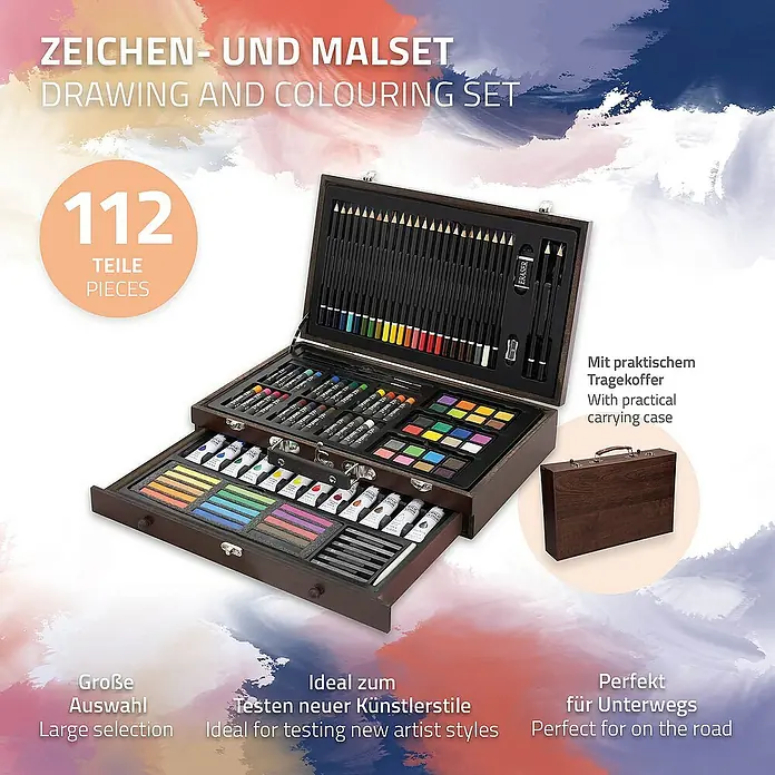 ECD Germany Zeichenstift-Set 112 Teilig Buntstifte Öl- und Acrylfarben Malkreiden Wasserfarben - Braun - Ein Zeichen- und Malset mit 112 Teilen, ideal für Künstler und unterwegs.