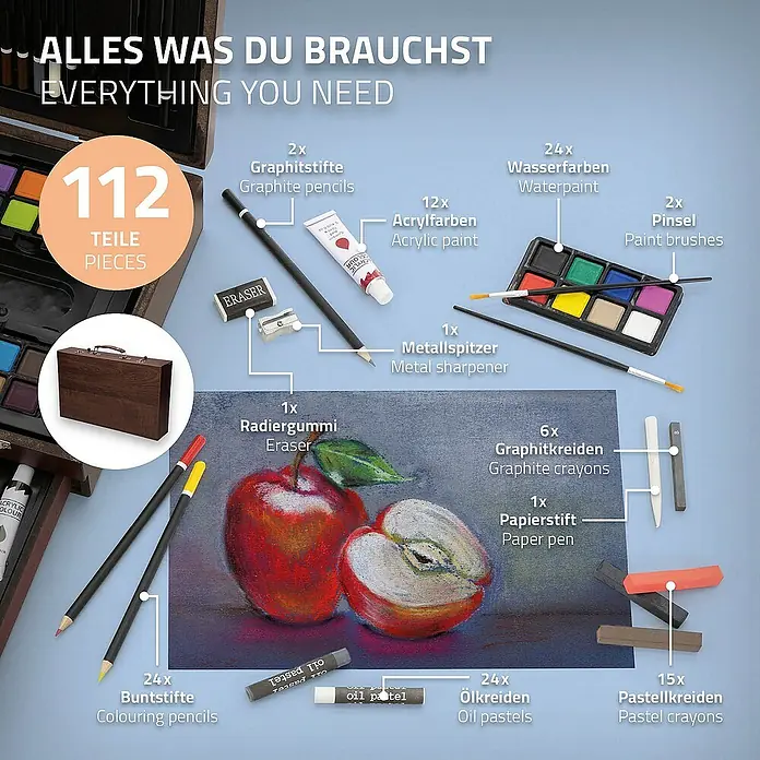 ECD Germany Zeichenstift-Set 112 Teilig Buntstifte Öl- und Acrylfarben Malkreiden Wasserfarben - Braun - Bild von einem 112-teiligen Malset mit Stiften, Farben, Pinseln und Zubehör, ideal für Künstler und Hobbyisten.