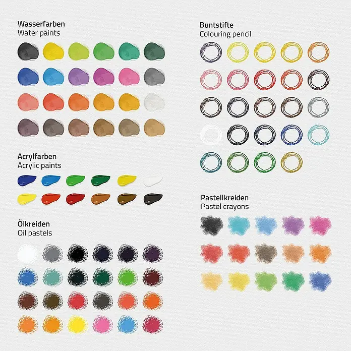 ECD Germany Zeichenstift-Set 112 Teilig Buntstifte Öl- und Acrylfarben Malkreiden Wasserfarben - Braun - Farbpalette mit Wasserfarben, Buntstiften, Acrylfarben und Ölpastellen.