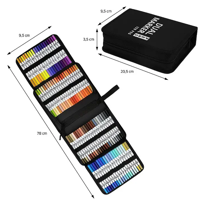 ECD Germany Zeichenstift-Set - Mehrfarbig - Das Bild zeigt ein Set mit Dual-Markern in einer schwarzen Aufbewahrungstasche mit den Maßen 78 x 9,5 cm geöffnet und 20,5 x 9,5 x 3,5 cm geschlossen.