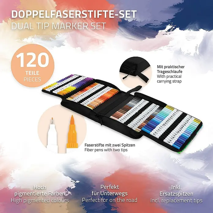 ECD Germany Zeichenstift-Set - Mehrfarbig - Das Bild zeigt ein 120-teiliges Doppel-Faserstift-Set in einer praktischen Tragetasche, ideal für unterwegs mit hochpigmentierten Farben.