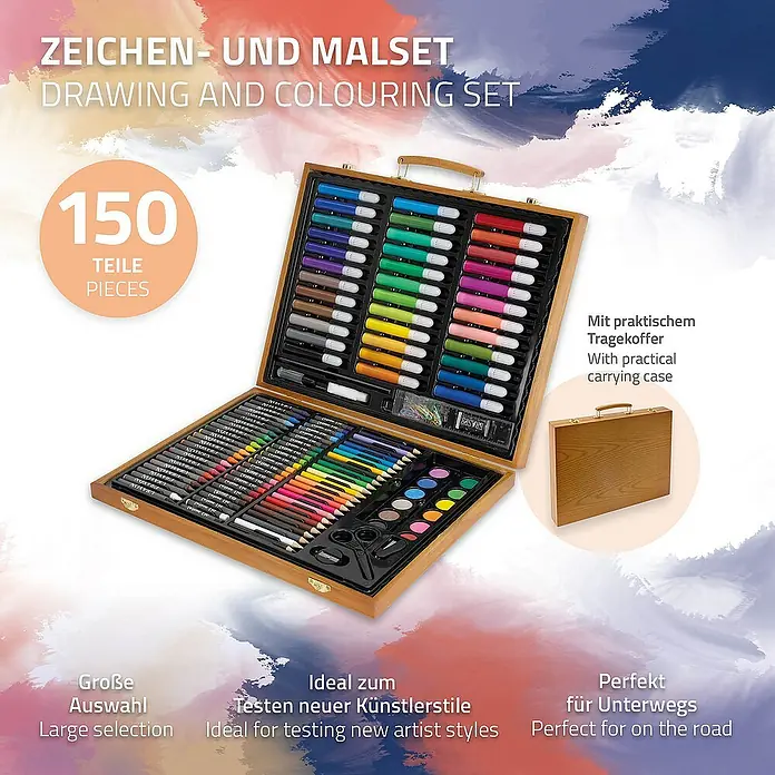ECD Germany Zeichenstift-Set - Braun - Abbildung eines Zeichen- und Malsets mit 150 Teilen in einem Holzkoffer, ideal für Künstler unterwegs.