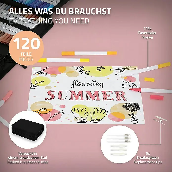 ECD Germany Zeichenstift-Set - Mehrfarbig - 120-teiliges Fasermaler-Set mit Etui und Ersatzspitzen für kreative Sommerprojekte. Alles, was Sie für farbenfrohe Kunstwerke brauchen.
