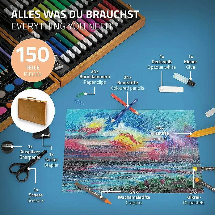 ECD Germany Zeichenstift-Set - Braun - Bild eines 150-teiligen Kunstsets, inklusive Stifte, Farben, Büroklammern und Werkzeuge, präsentiert auf blauem Hintergrund mit einer Zeichnung.