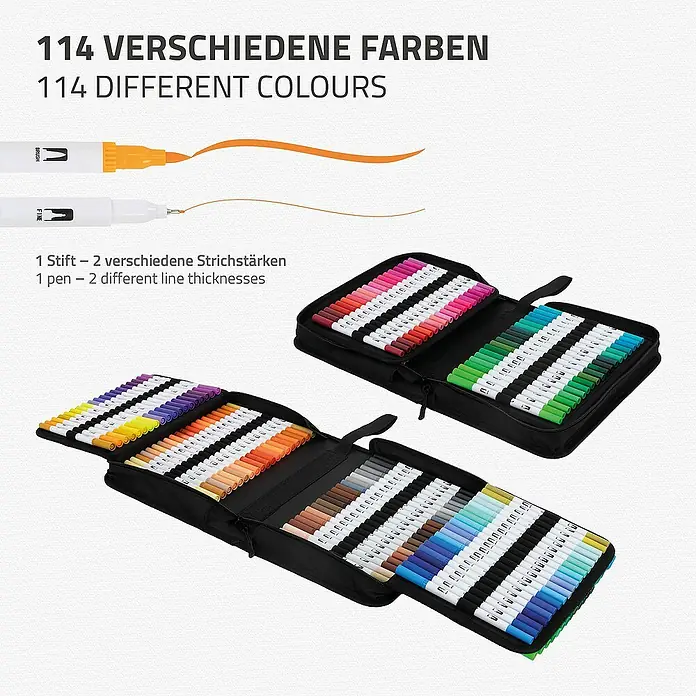 ECD Germany Zeichenstift-Set - Mehrfarbig - Abbildung einer Stifttasche mit 114 verschiedenen Stiften in verschiedenen Farben, die sich ideal zum Malen und Zeichnen eignen.