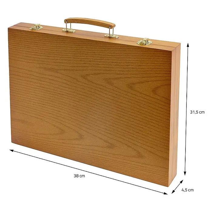 ECD Germany Zeichenstift-Set - Braun - Detailaufnahme eines Holz-Malkoffers mit goldenen Verschlüssen und einem Tragegriff. Die Maße sind angegeben.