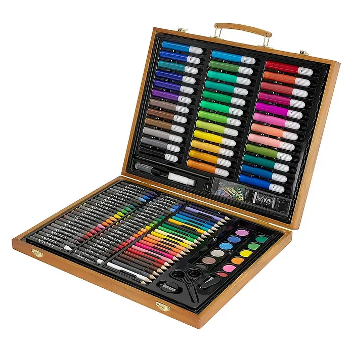 ECD Germany Zeichenstift-Set - Braun - Geöffneter Malkasten aus Holz mit einer Vielzahl an Stiften, Farben und weiterem Zubehör für kreative Kunstprojekte.