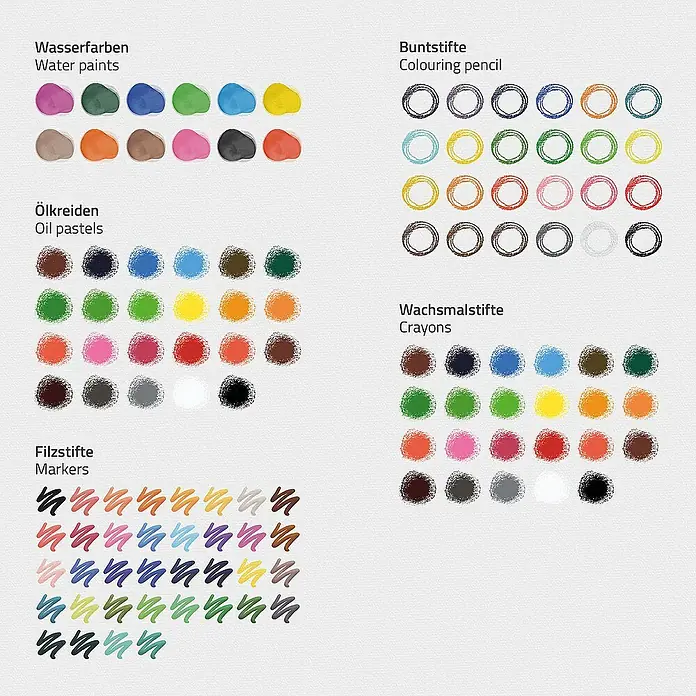 ECD Germany Zeichenstift-Set - Braun - Farbpalette mit Wasserfarben, Buntstiften, Ölkreiden, Filzstiften und Wachsmalstiften für künstlerische Projekte und kreative Gestaltung.