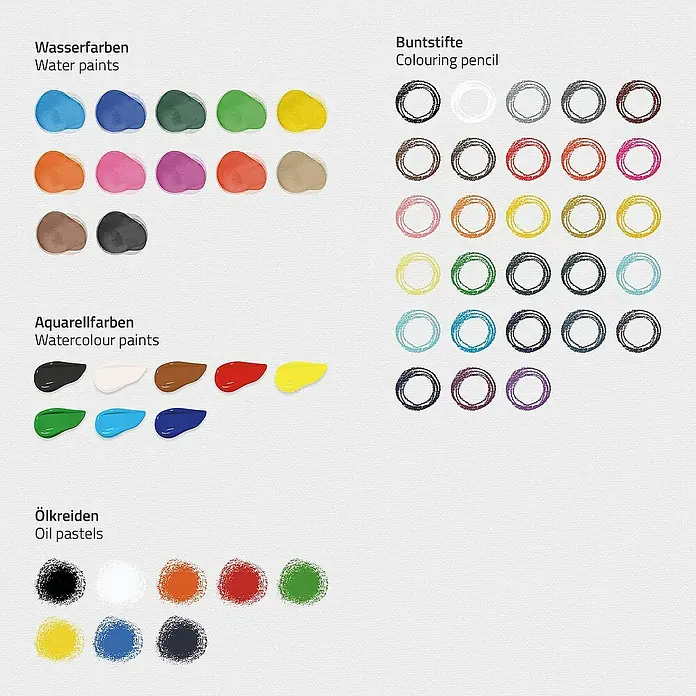ECD Germany Zeichenstift-Set - Braun - Farbsortiment-Illustration mit Wasserfarben, Aquarellfarben, Ölpastellen und Buntstiften in einer Vielzahl von Farben.