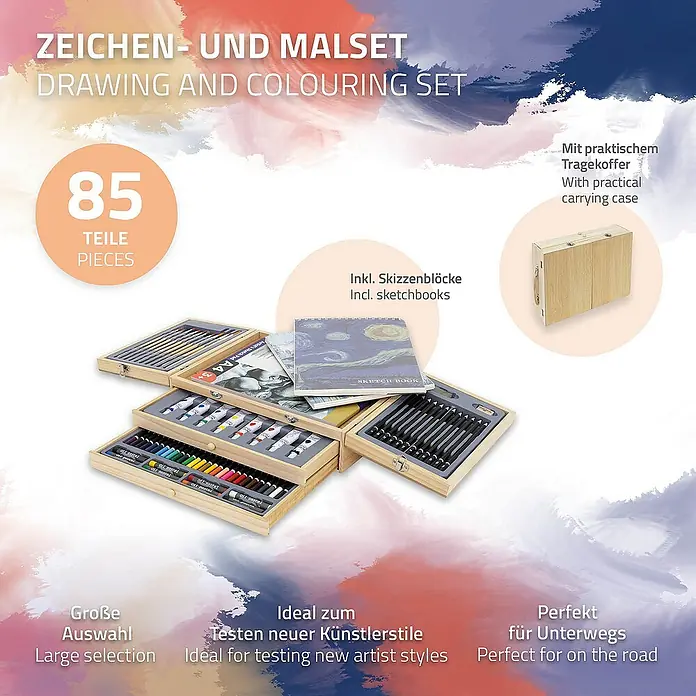 ECD Germany Zeichenstift-Set - Braun - Zeichen- und Malset mit 85 Teilen in einem praktischen Tragekoffer, ideal für unterwegs und zum Testen neuer Künstlerstile.