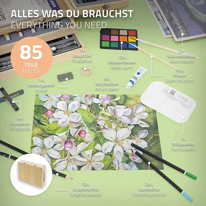 ECD Germany Zeichenstift-Set - Braun - Alles, was du brauchst: 85-teiliges Kunstset mit Farben, Stiften, Pinseln und Zubehör für kreative Projekte.