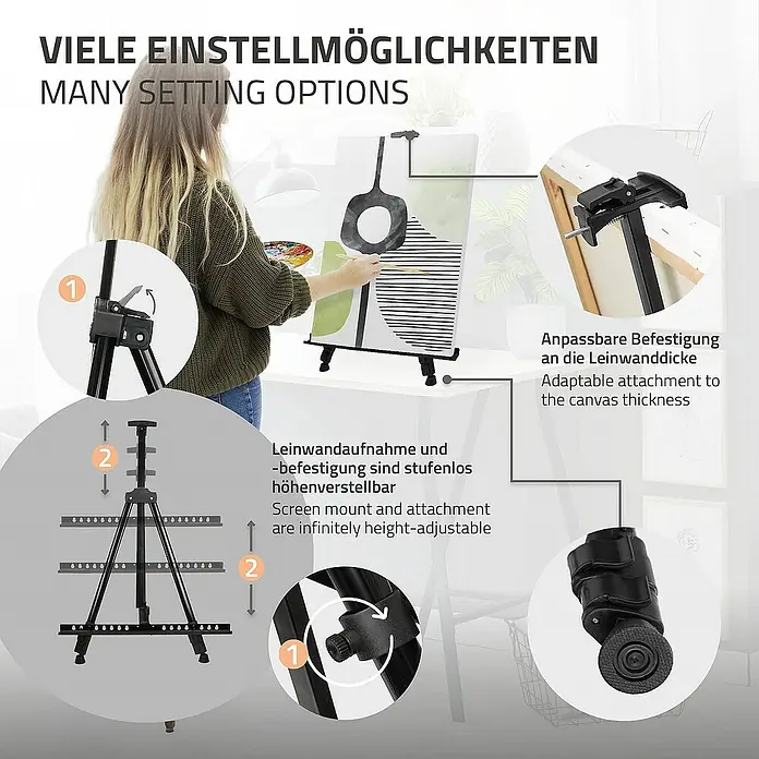 ECD Germany Zeichenstift-Set - Schwarz - Das Bild zeigt eine Staffelei mit vielen Einstellmöglichkeiten, geeignet für Leinwände unterschiedlicher Dicke und Höhe.
