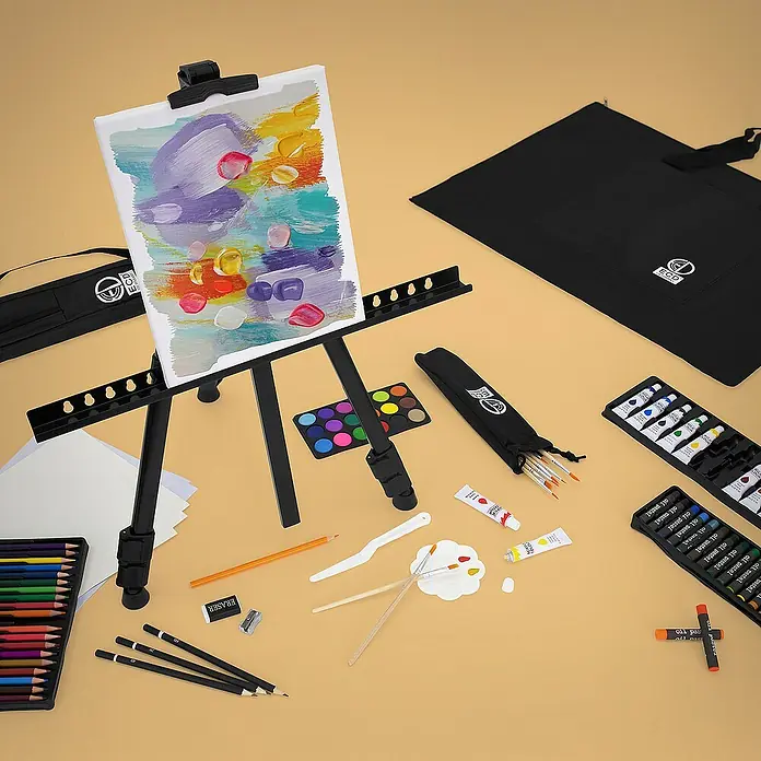 ECD Germany Zeichenstift-Set - Schwarz - Komplettes Malset mit Staffelei, Farben, Pinseln und Leinwand für kreative Kunstprojekte.